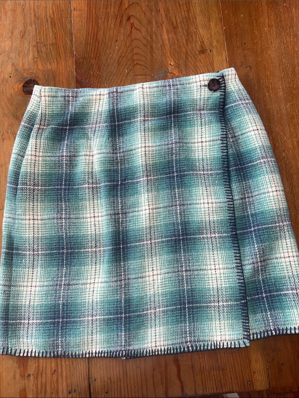 VTG Tracy Evans Green Plaid Mini Skirt Sz 11 Dark Academia Blanket Stitch Preppy